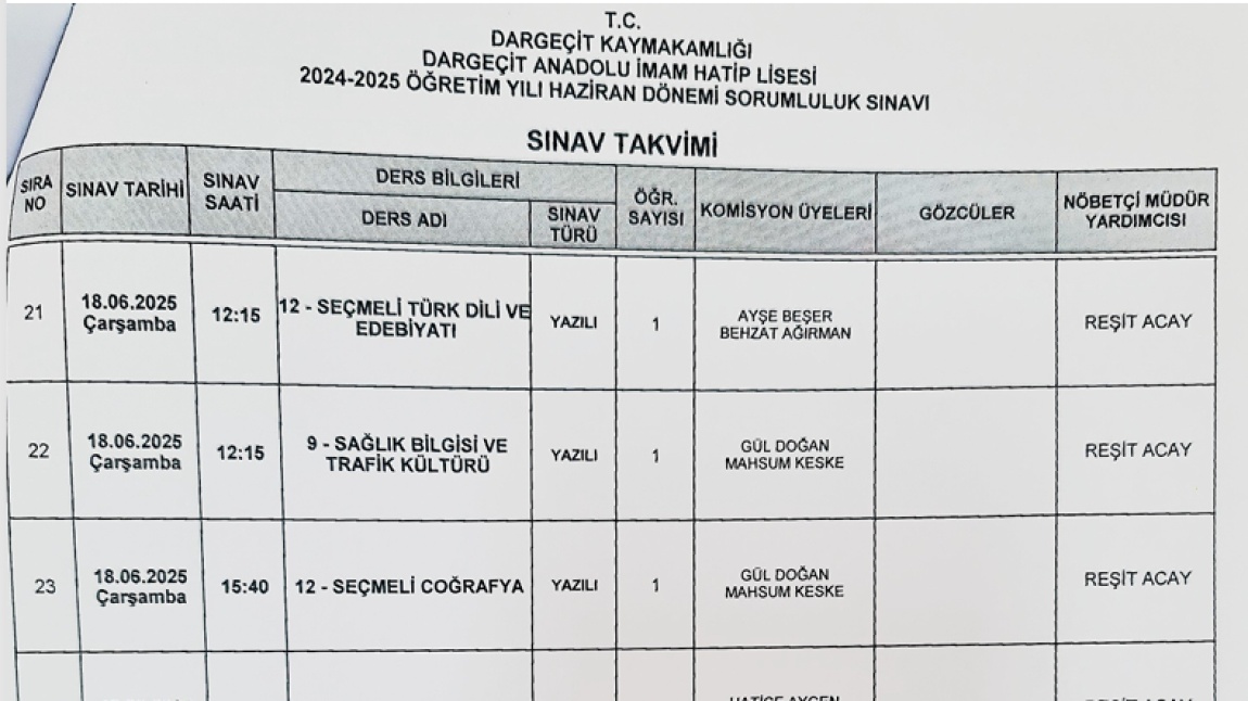 SENE SONU  SORUMLULUK SINAVLARI PROGRAMI 